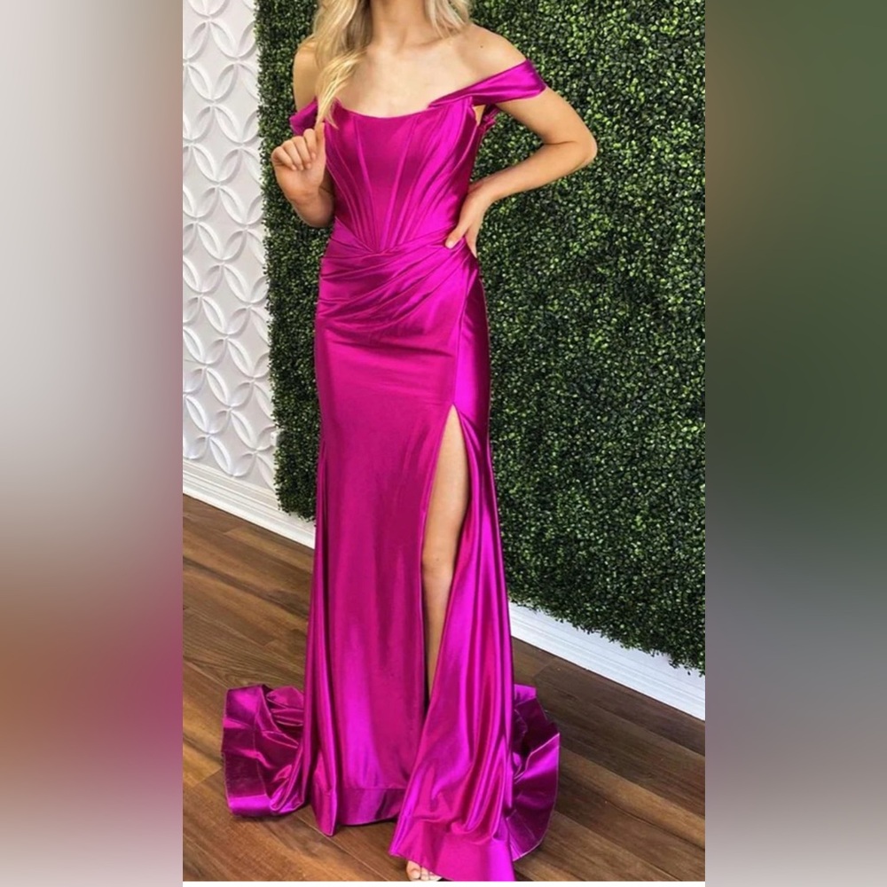 Sherri Hill Magenta Off-Shoulder Prom Dress